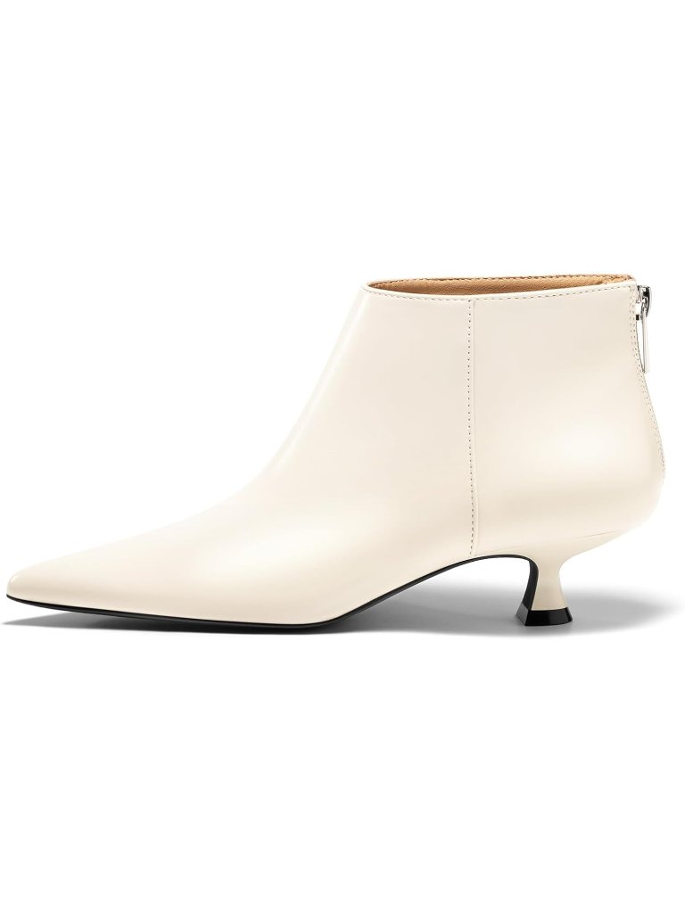 Women's White Kitten Low Heel Booties Pointed Toe Short Ankle Boot Back Zipper